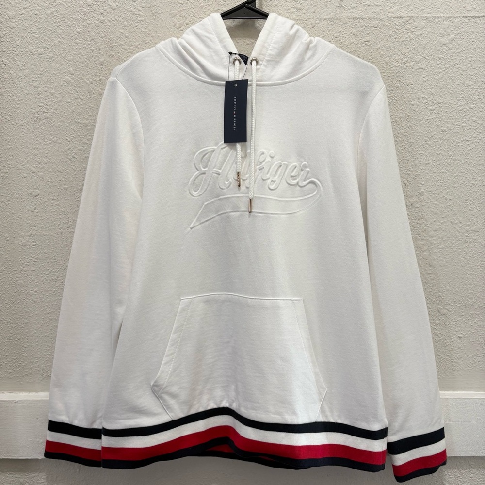 Tommy Hilfiger Womens Hoodie Pullover Sweatshirt Embossed White NWT Size Large